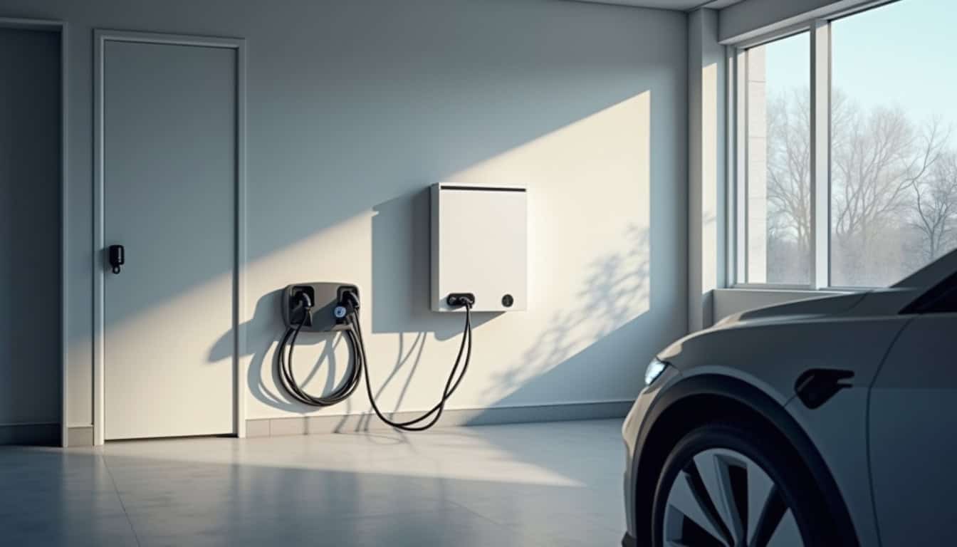 Vue d'ensemble d'un garage équipé d'une wallbox blanche, câble de recharge branché sur une voiture électrique, éclairage LED et tableau électrique aux normes