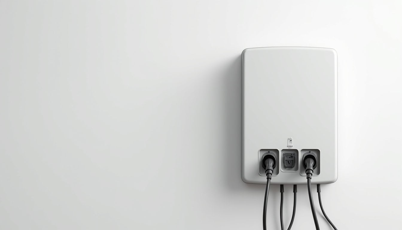 Vue d'ensemble d'une borne de recharge murale avec différents types de connecteurs et caractéristiques techniques