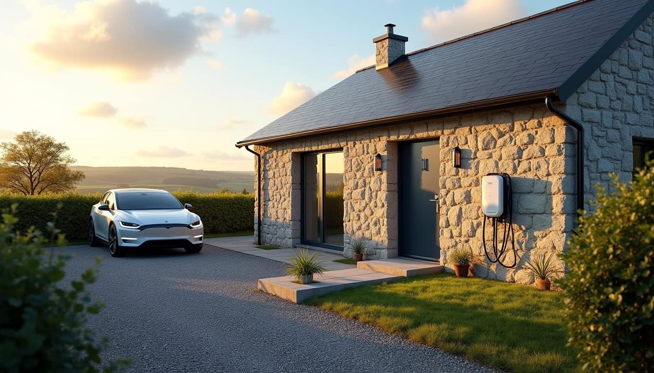 Vue d'ensemble d'une maison avec une borne de recharge installée à l'extérieur à Plénée-Jugon