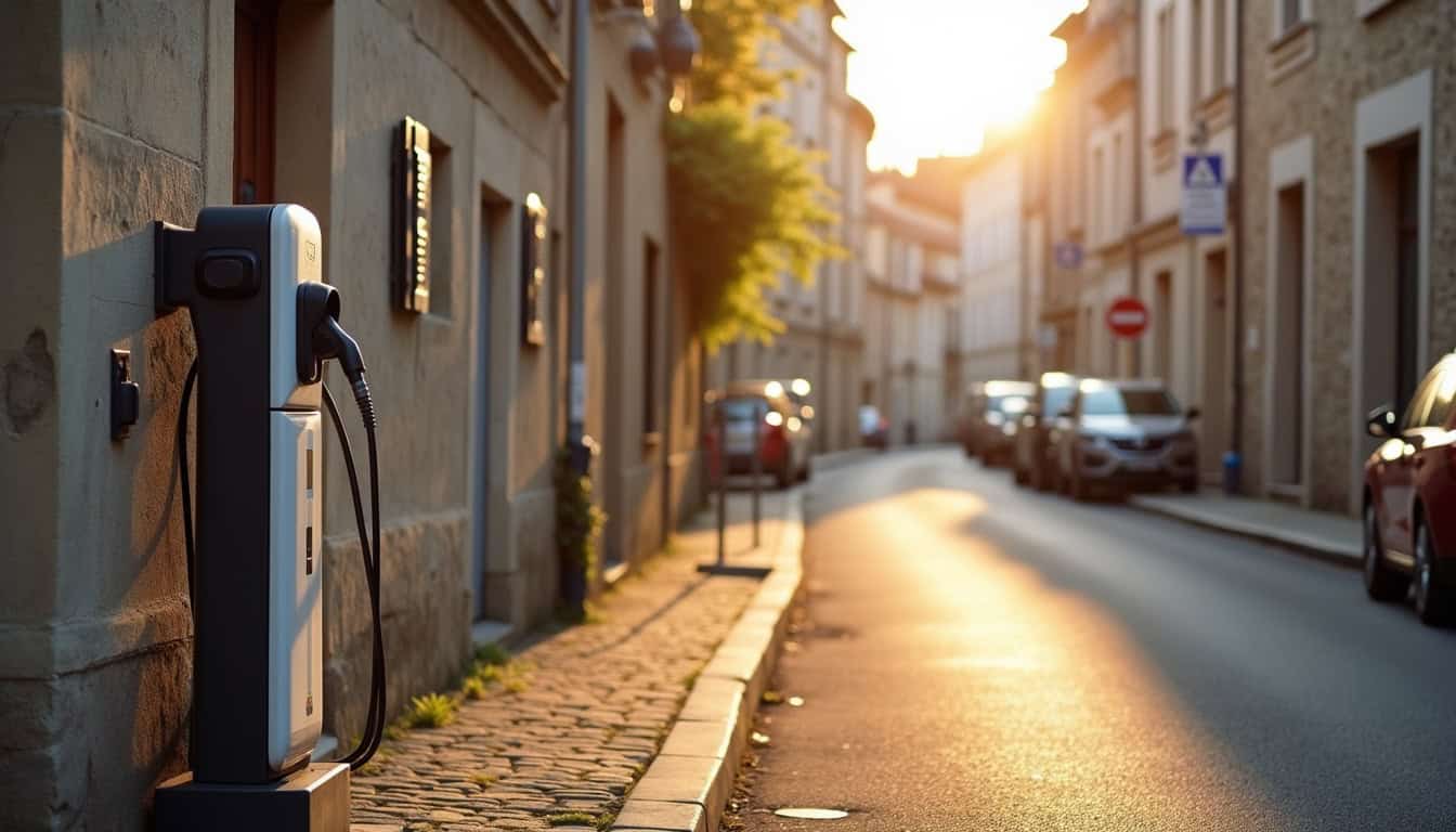 Vue d'une borne de recharge électrique en milieu urbain à Bouillargues