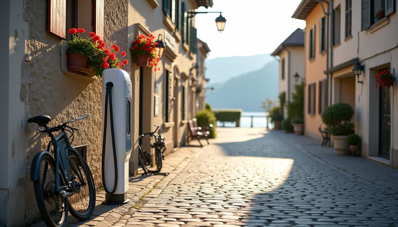 Vue d'une borne de recharge électrique en milieu urbain à Yvoire, située près du lac Léman