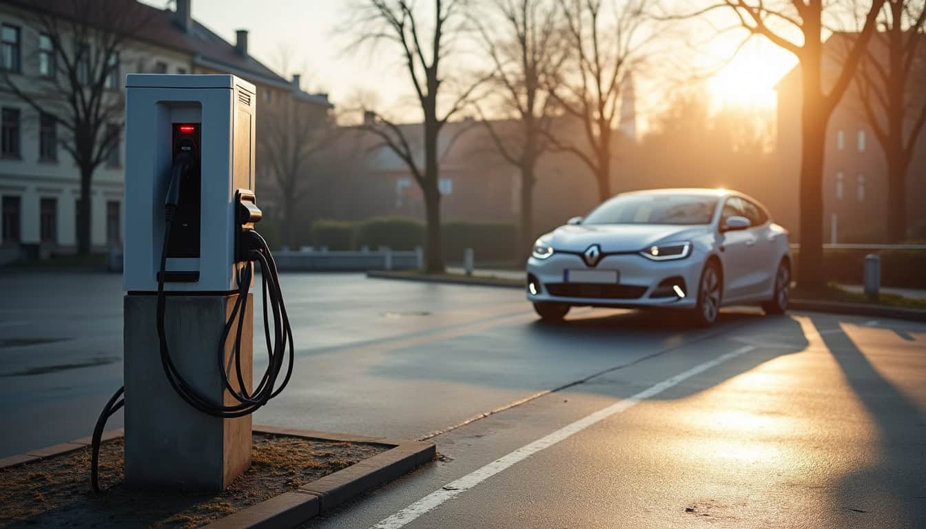 Vue d'une borne de recharge électrique installée en extérieur à Fraize, près d'une place de stationnement