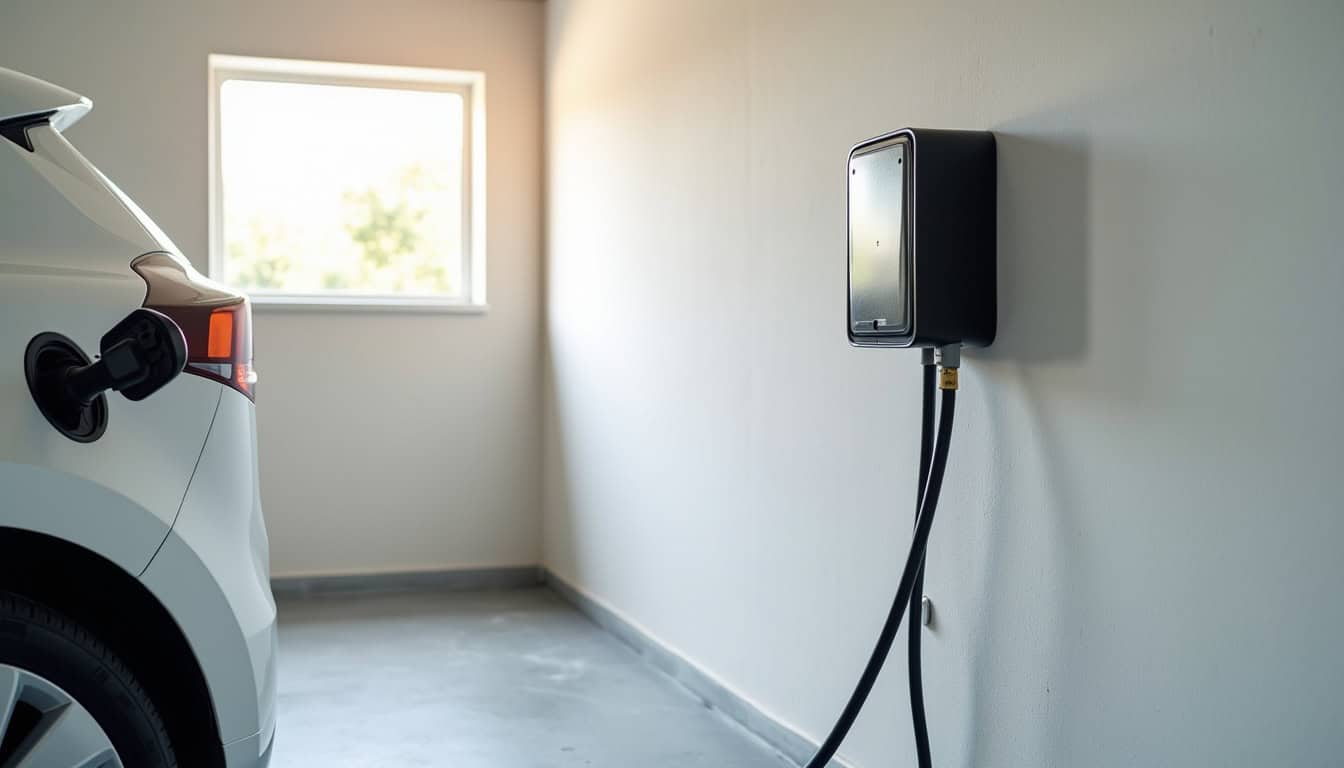 Vue d'une borne de recharge installée dans un garage à Plogonnec, illustrant les avantages de la recharge domestique