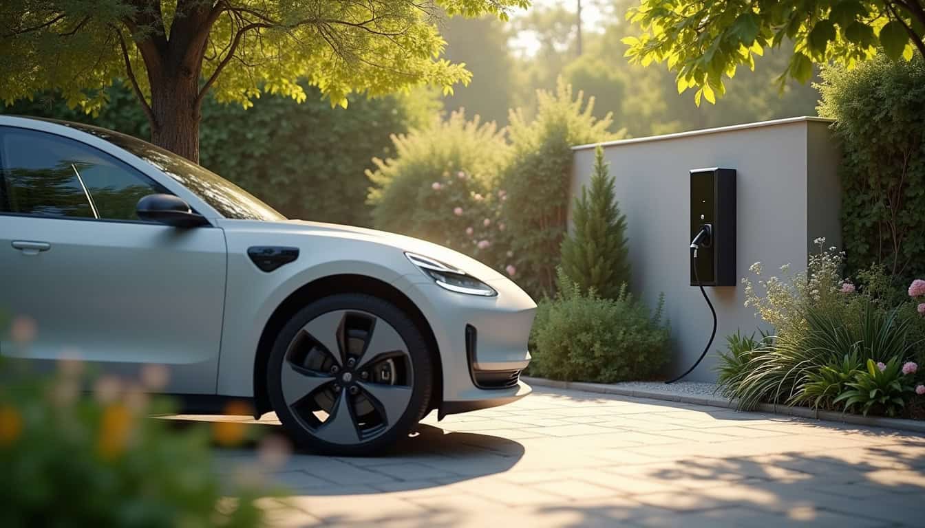 Vue d'une borne de recharge installée dans un jardin résidentiel à Ambillou avec une voiture électrique branchée