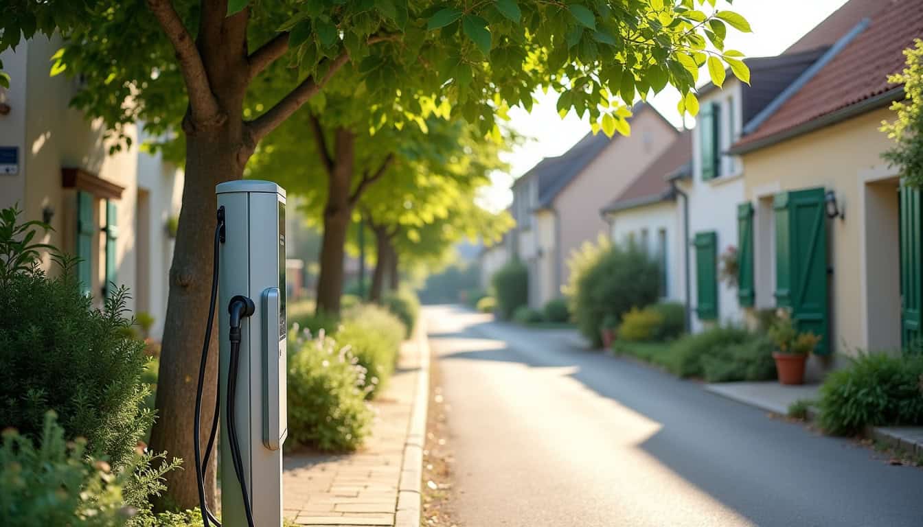 Vue d'une borne de recharge installée dans une rue résidentielle d'Urt, entourée de maisons familiales et d'espaces verts