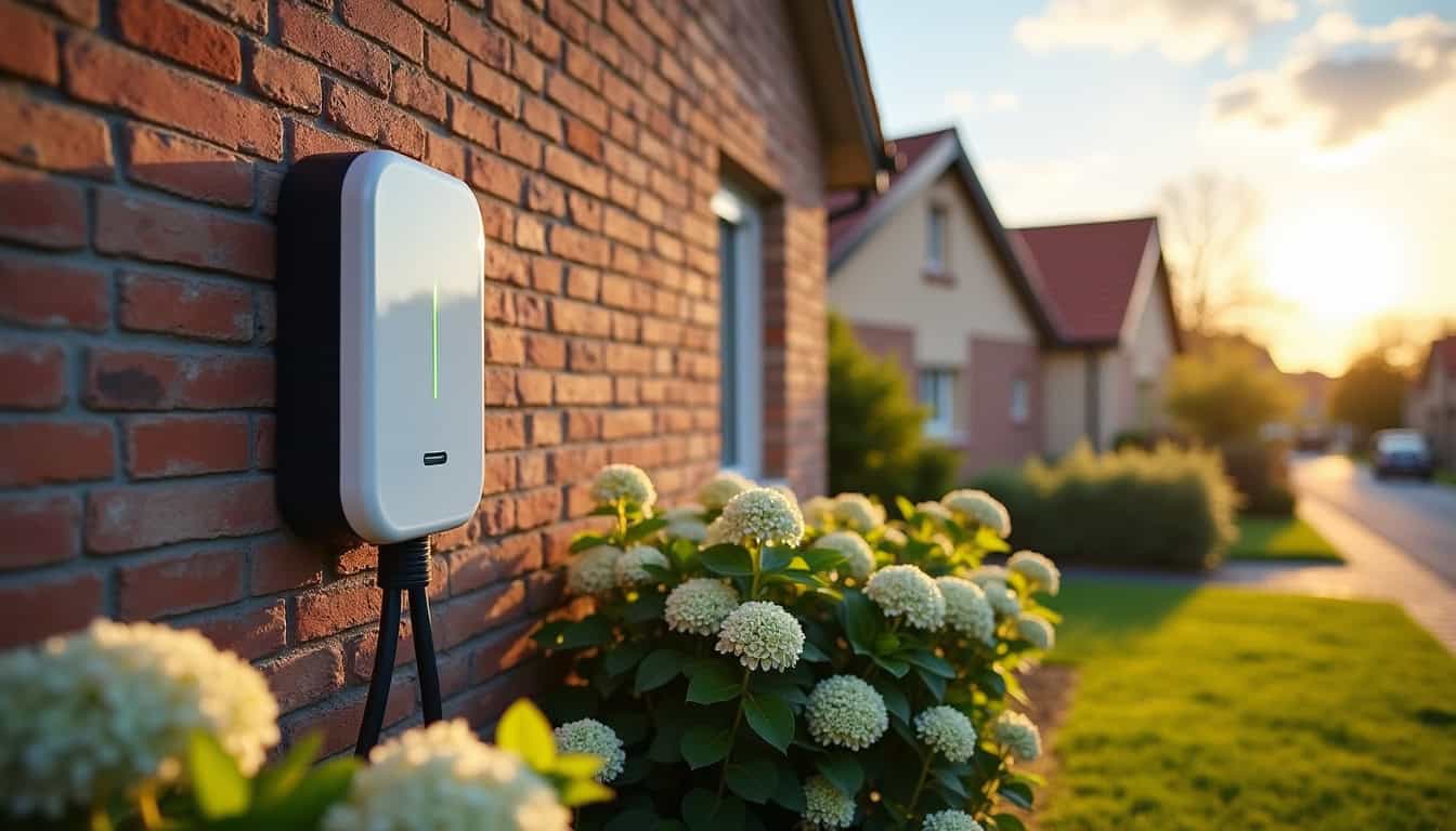Vue d'une borne de recharge installée devant une maison à Méréville