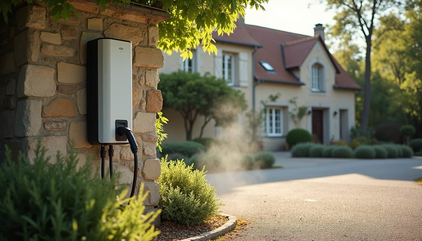 Vue d'une borne de recharge pour voiture électrique installée devant une maison à Lassay-les-Châteaux