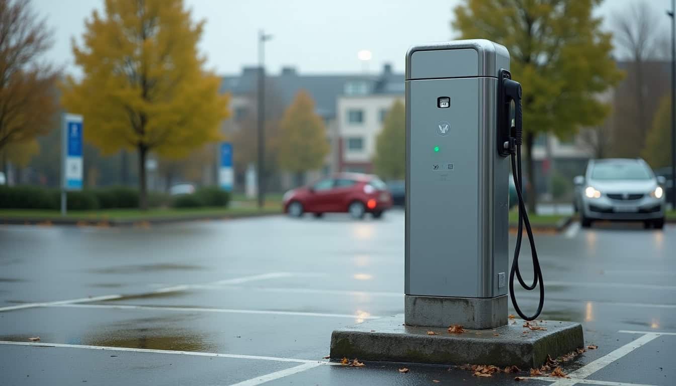 Vue d'une borne de recharge publique installée sur un parking communal à Saint-Jacques-sur-Darnétal