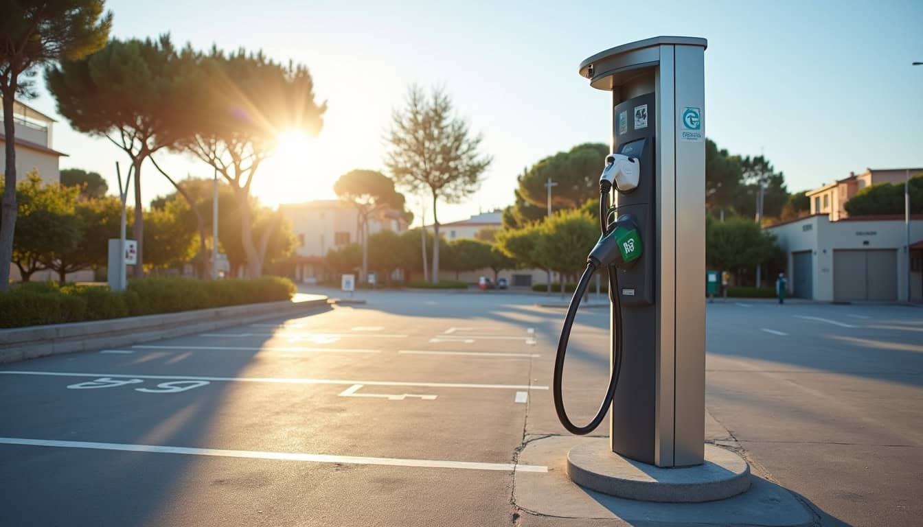 Vue d'une borne de recharge publique sur un parking de Frontignan