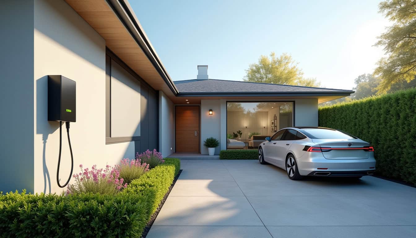 Vue d'une maison avec une borne de recharge installée à l'extérieur, près du garage, en journée