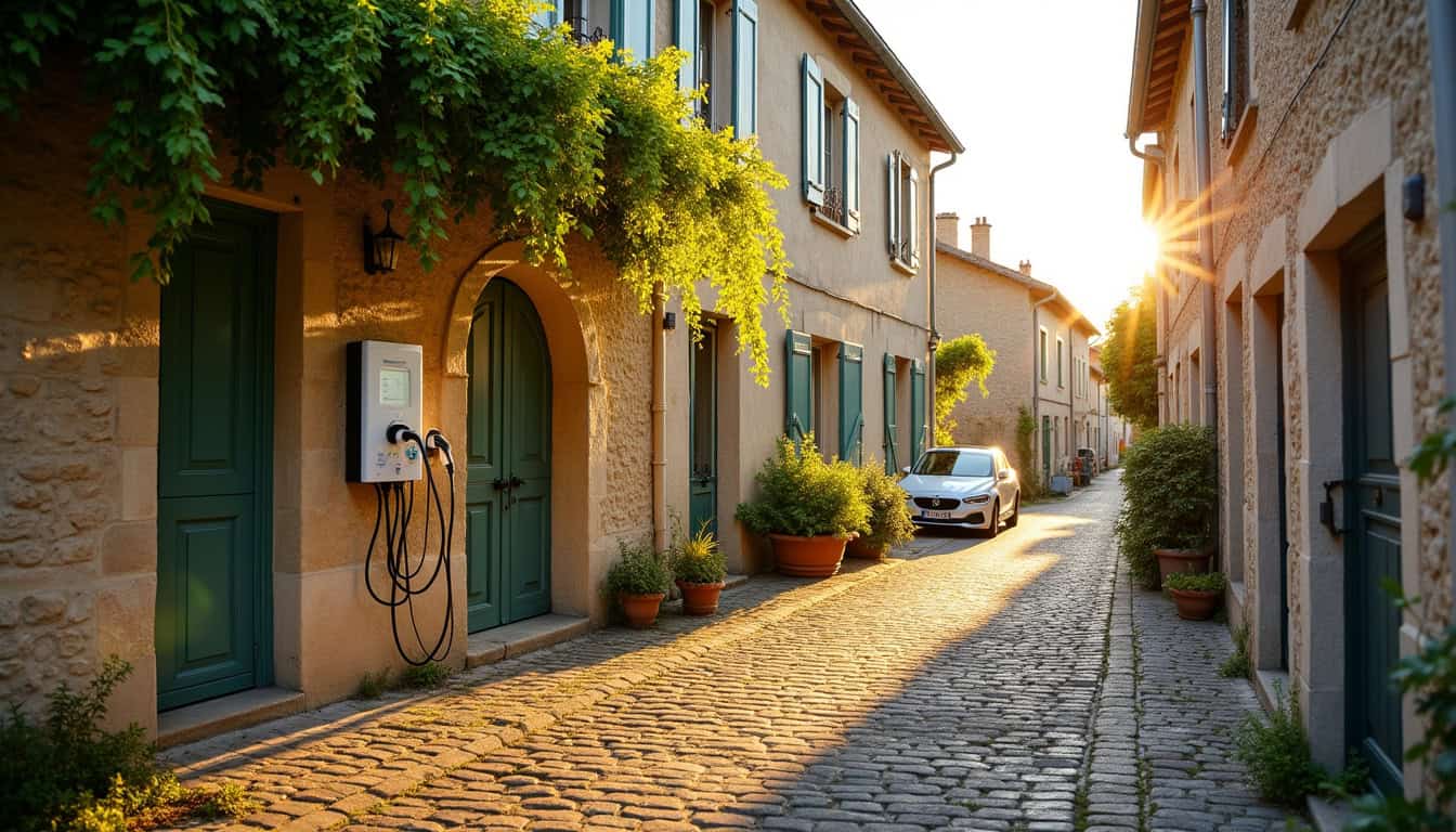 Vue d'une rue dans le village de Saint-Mamert-du-Gard avec une borne de recharge visible