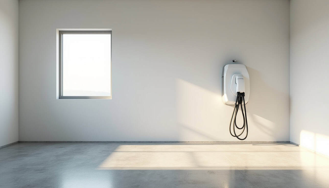 Vue intérieure d’un garage avec une borne de recharge électrique murale de couleur blanche