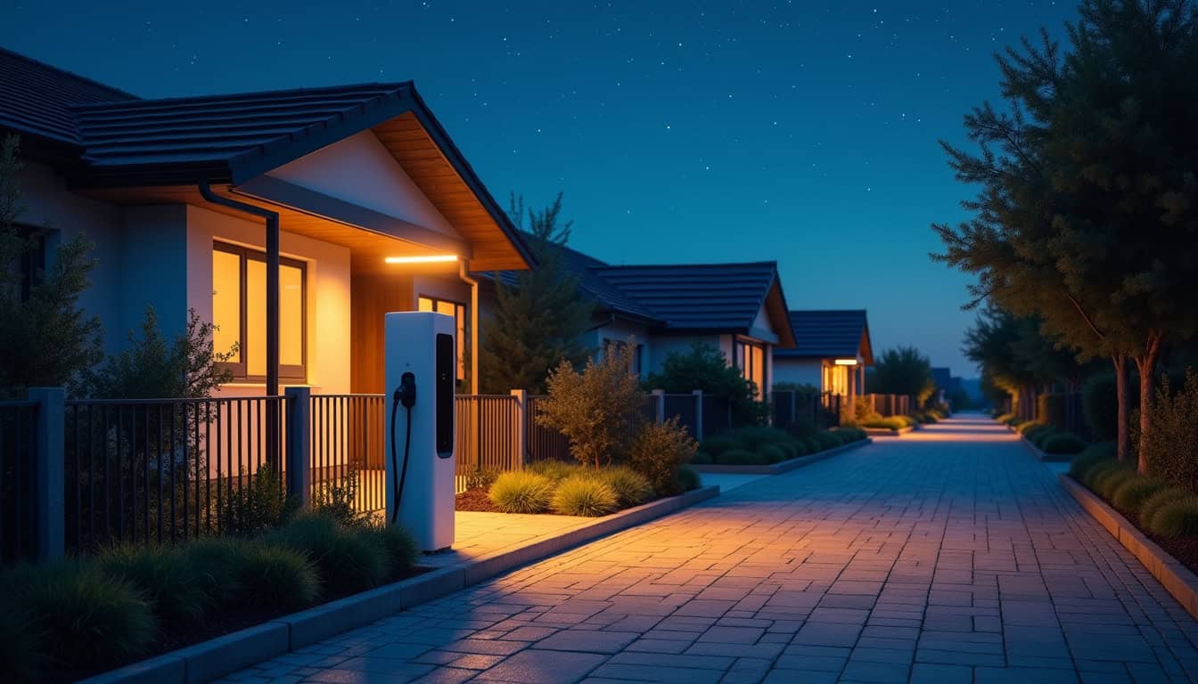 Vue nocturne d’une borne de recharge installée devant une maison à Virazeil