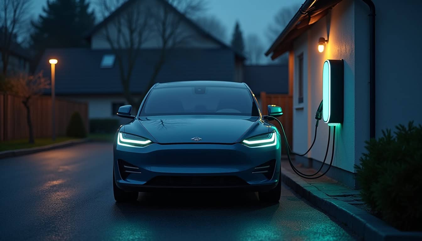 Vue nocturne d'une voiture électrique en charge sur une borne murale à l'extérieur d'une maison à Arthaz-Pont-Notre-Dame