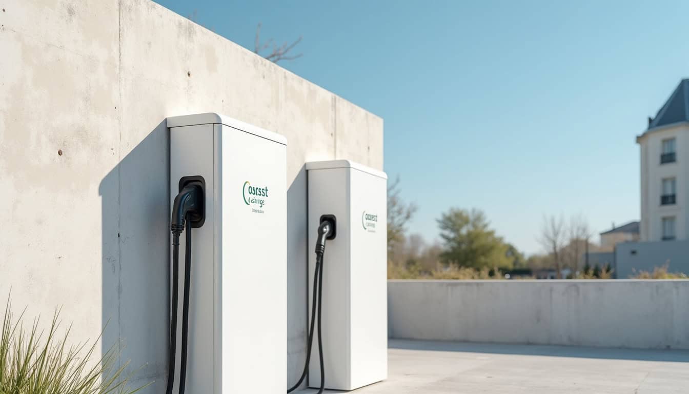 Vue rapprochée de la borne Ouest Charge à Mouzillon avec les deux connecteurs disponibles