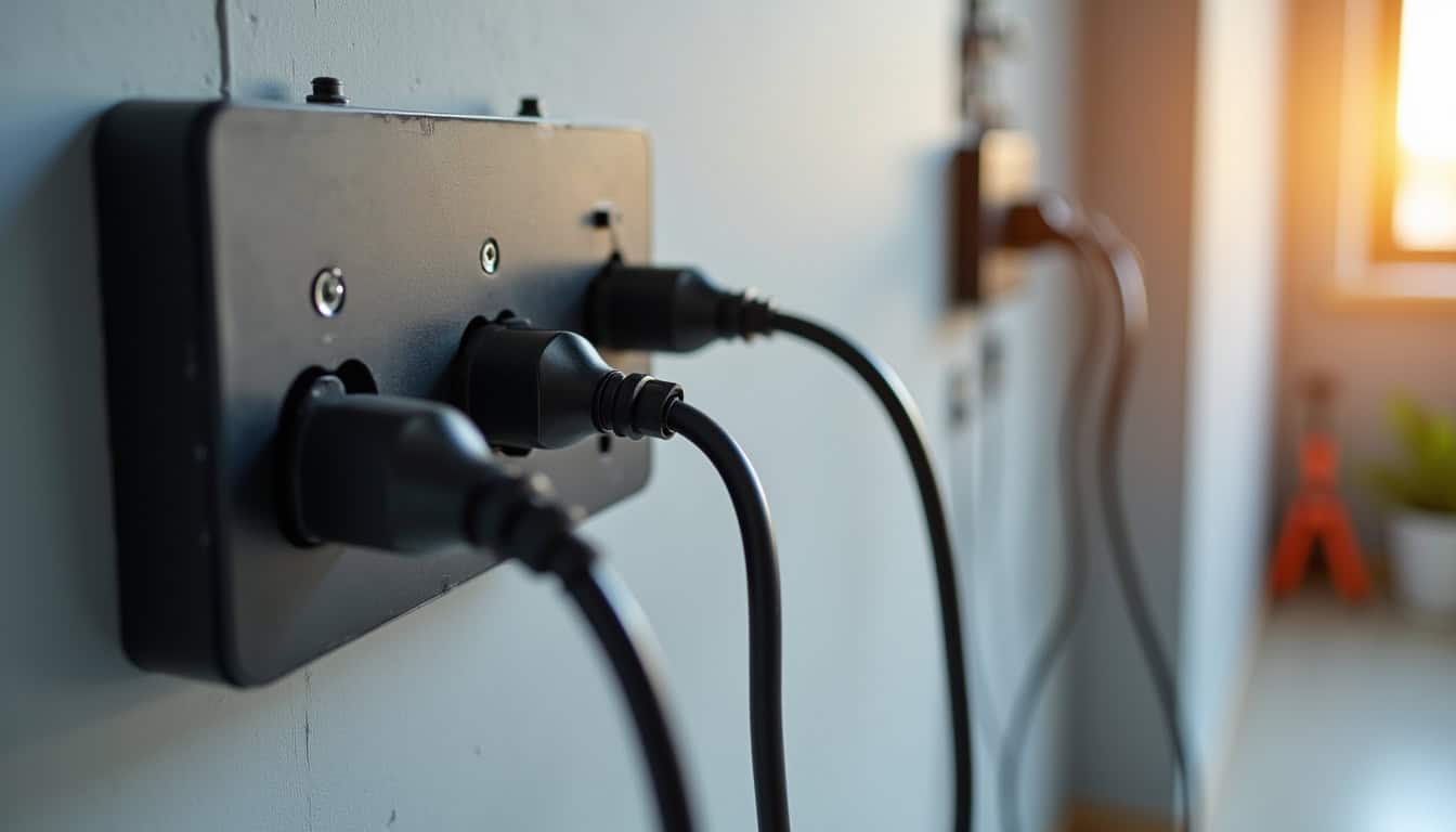Vue rapprochée du raccordement d'une borne électrique au tableau électrique