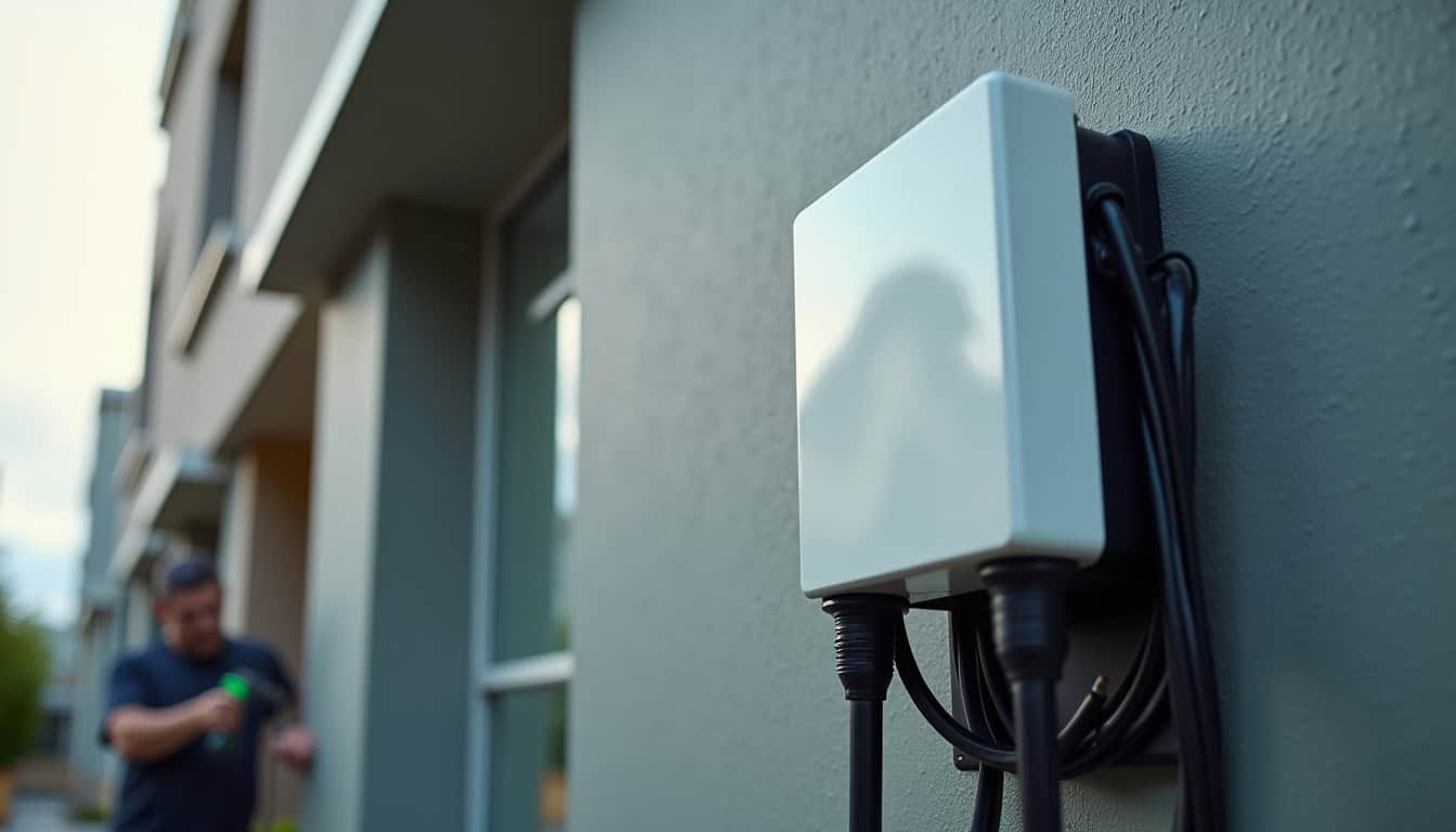 Vue rapprochée d'une borne de recharge en cours de fixation sur un mur extérieur à Châtenay-sur-Seine