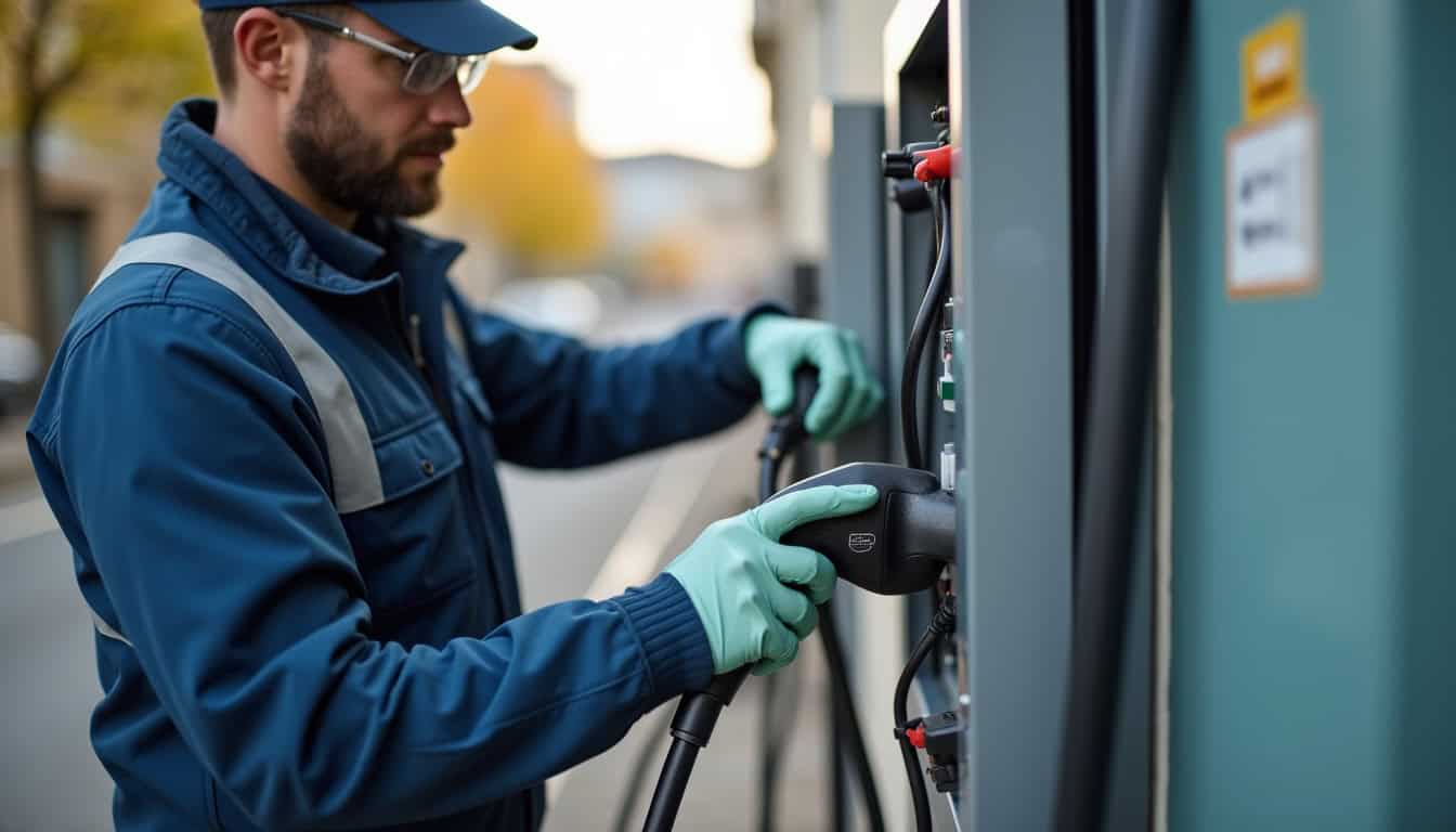Vue rapprochée d’une borne électrique en cours de maintenance à Guémar