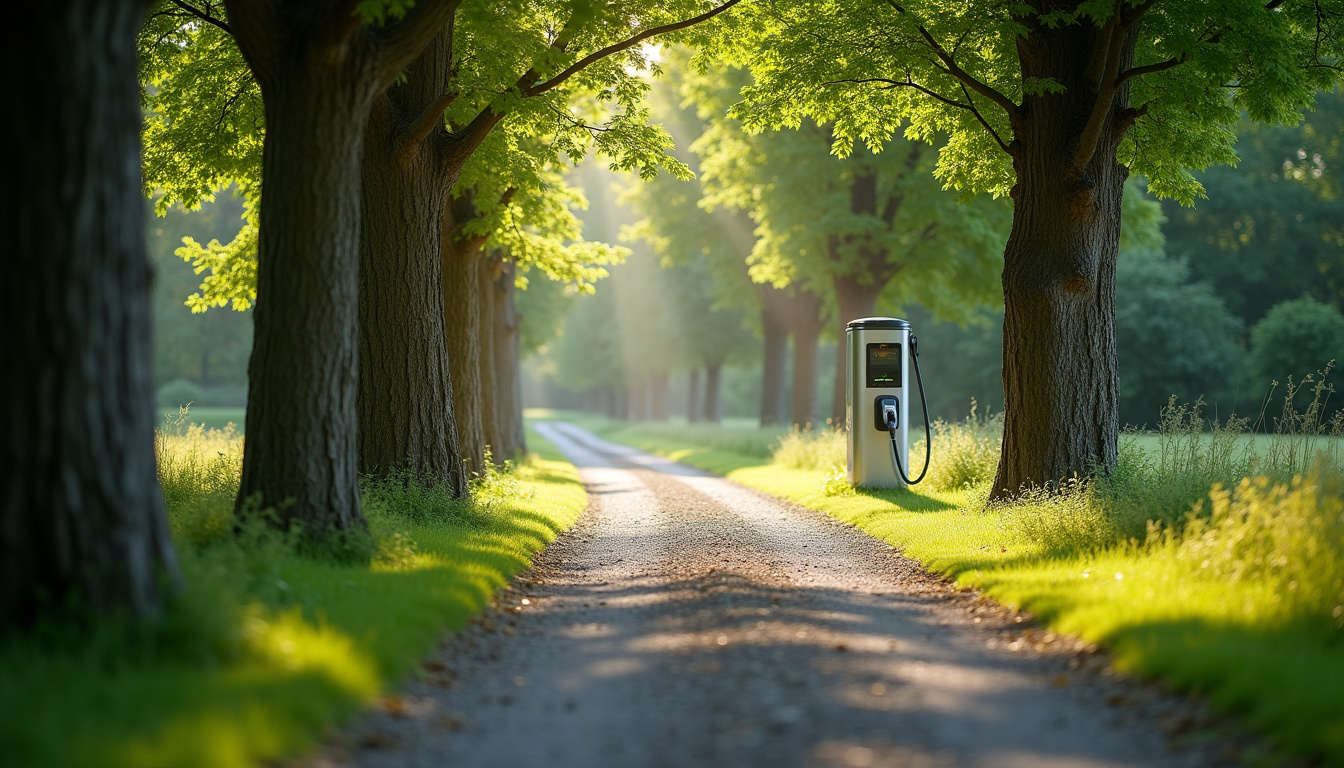 Allée menant à une borne de recharge publique à Sainte-Feyre, entourée d'arbres
