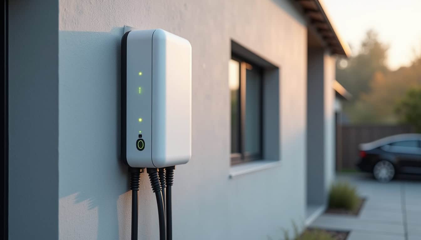 Boîtier d'une borne de recharge murale fixée au mur d'une maison