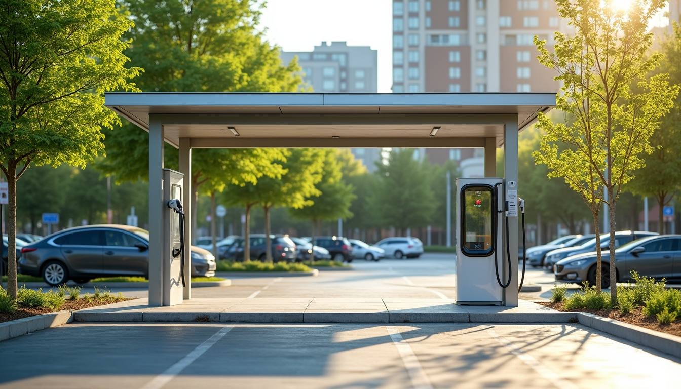 Borne de recharge accélérée installée place de la Résistance à Moréac, entourée d’un parking municipal et d’espaces verts