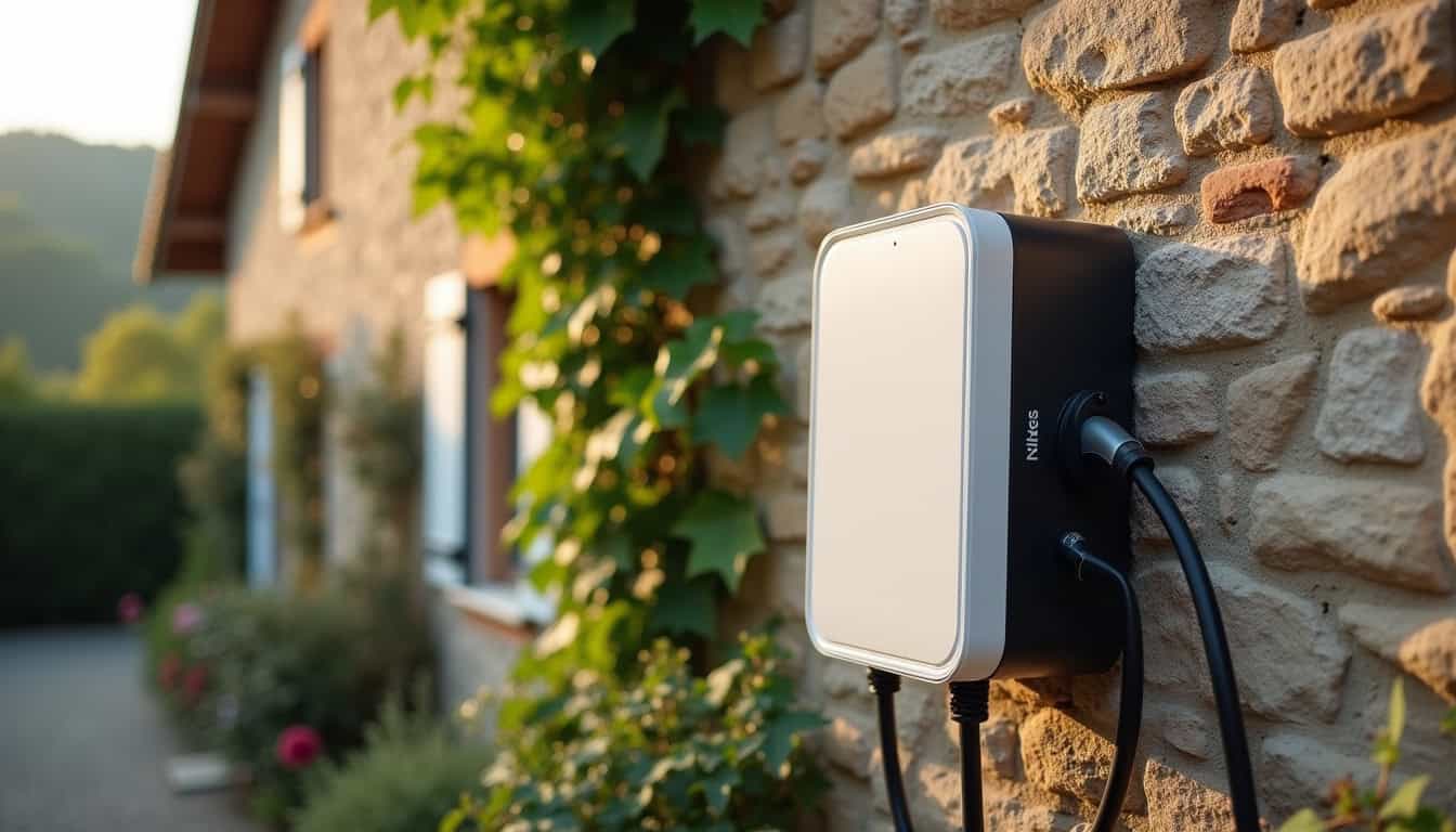 Borne de recharge au format Wallbox installée sur un mur extérieur à Ussy-sur-Marne