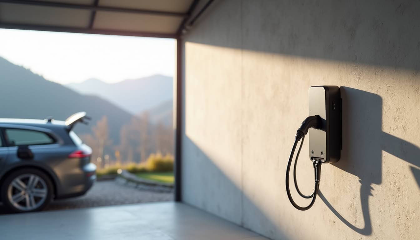 Borne de recharge connectée avec câble enroulé, installée au mur dans un garage à La Sure en Chartreuse