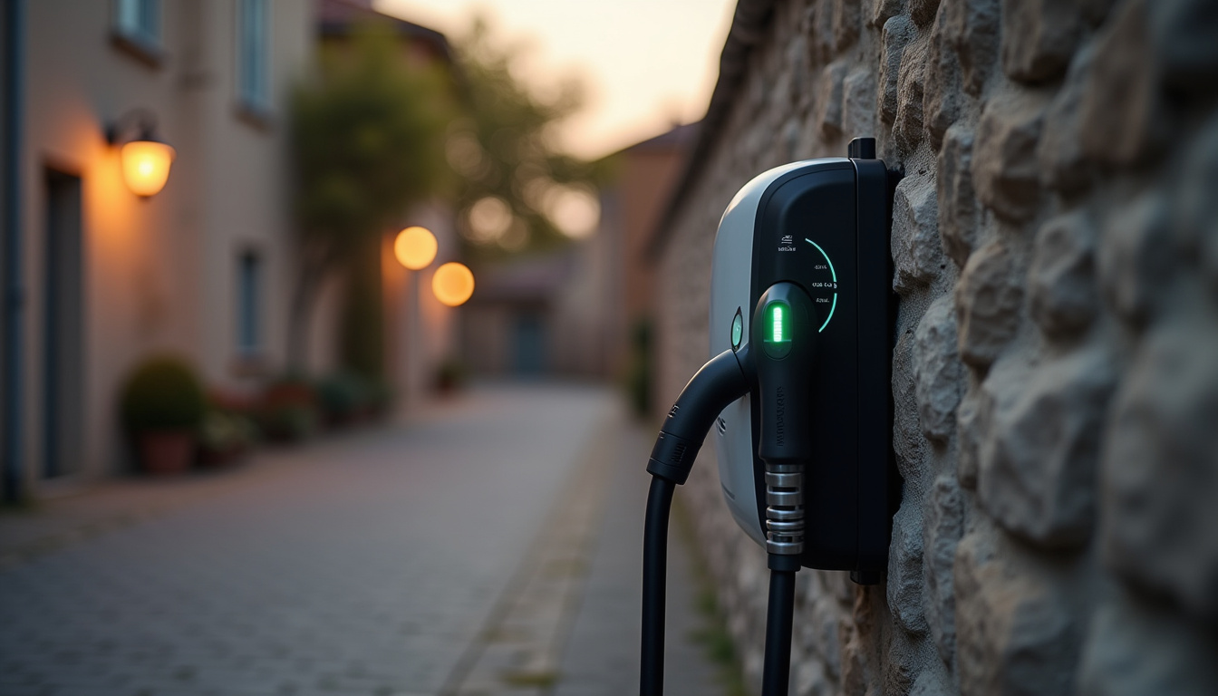 Borne de recharge connectée en fonctionnement à Nébian, avec affichage de la charge en cours sur une application mobile