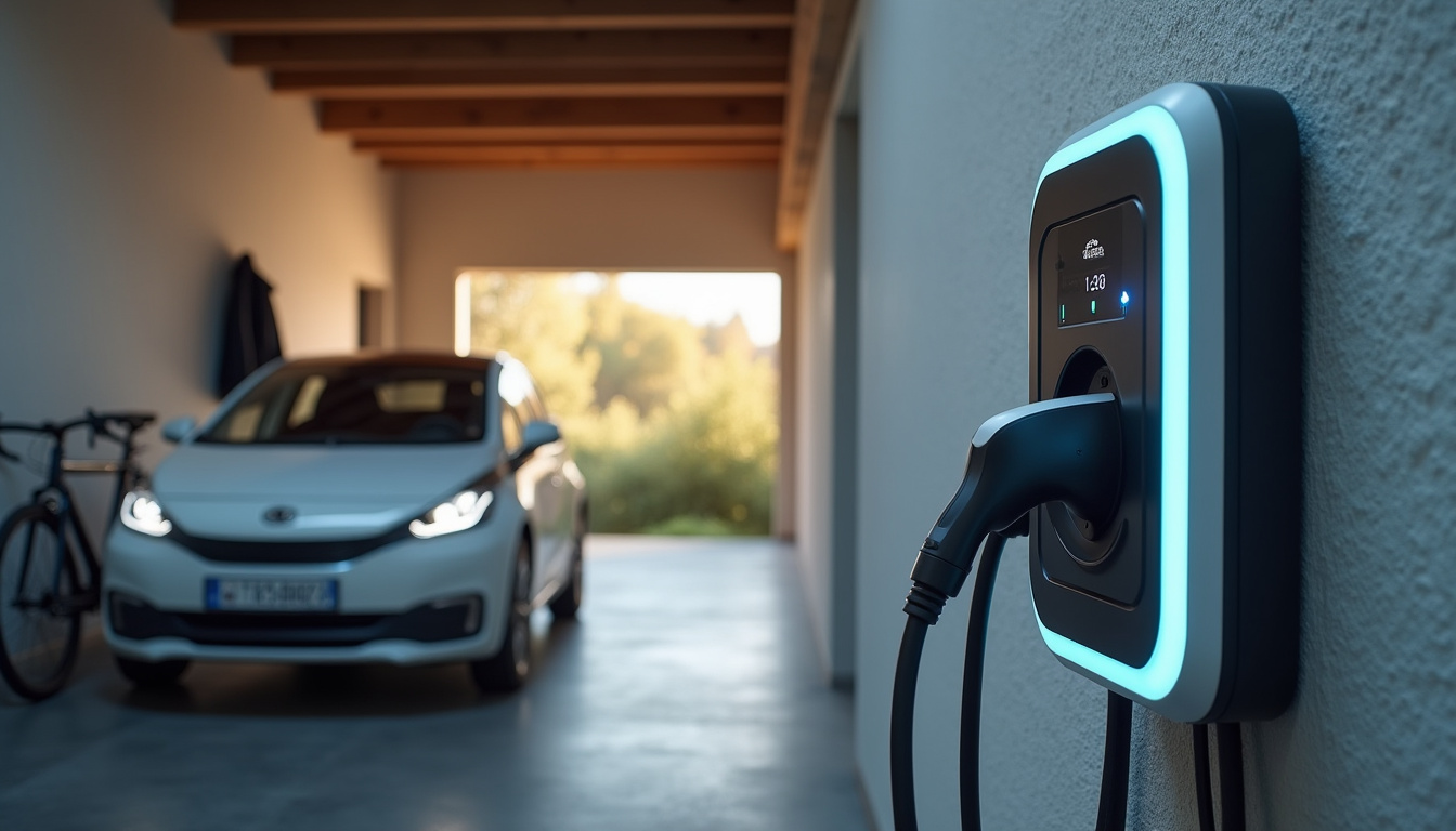 Borne de recharge connectée en fonctionnement dans un garage à Tacoignières