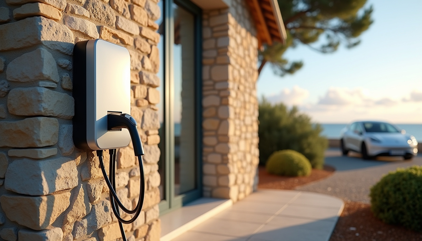 Borne de recharge connectée installée sur un mur extérieur à Andernos-les-Bains