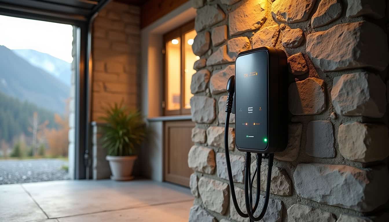 Borne de recharge domestique connectée installée dans un garage à Saint-Montan
