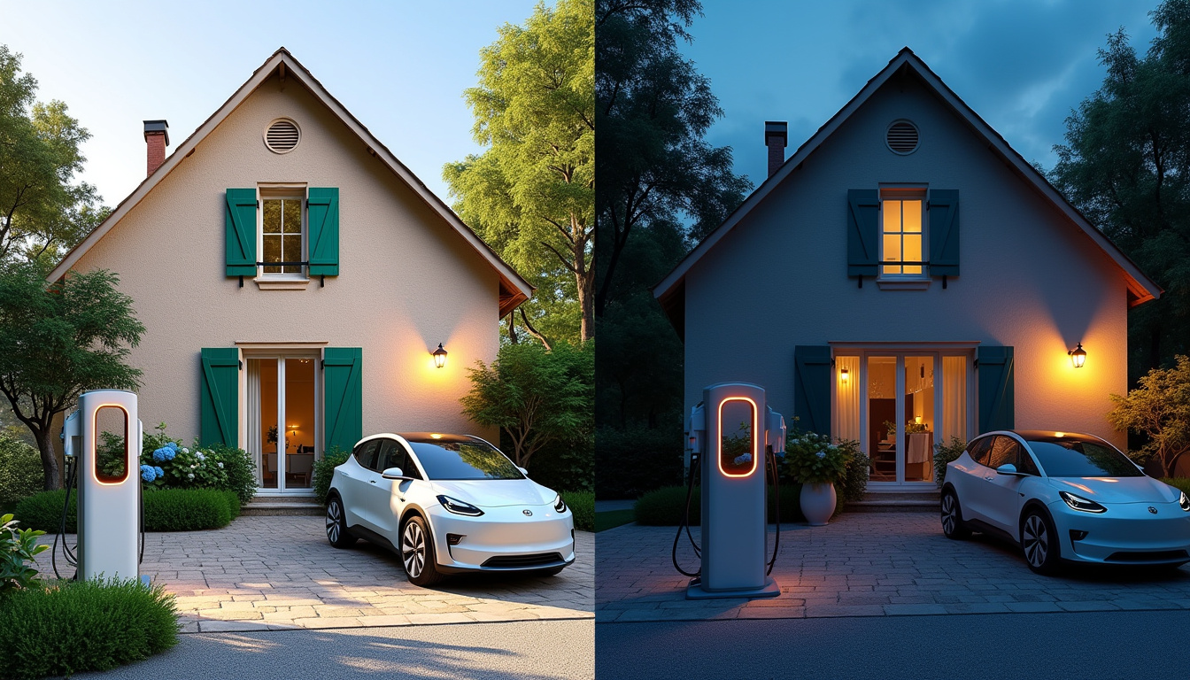 Borne de recharge domestique installée devant une maison à Mellac, de jour et de nuit