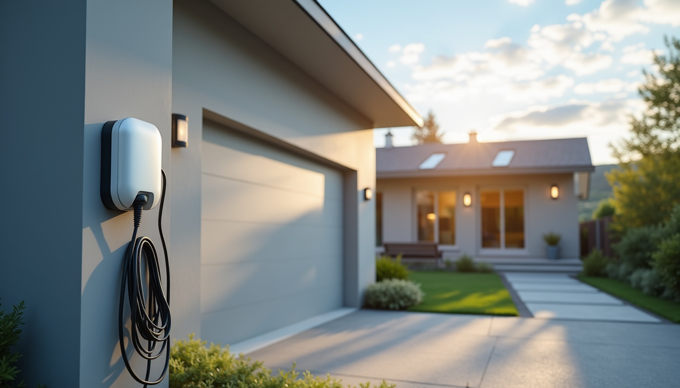 Borne de recharge domestique installée près d'une maison en zone résidentielle