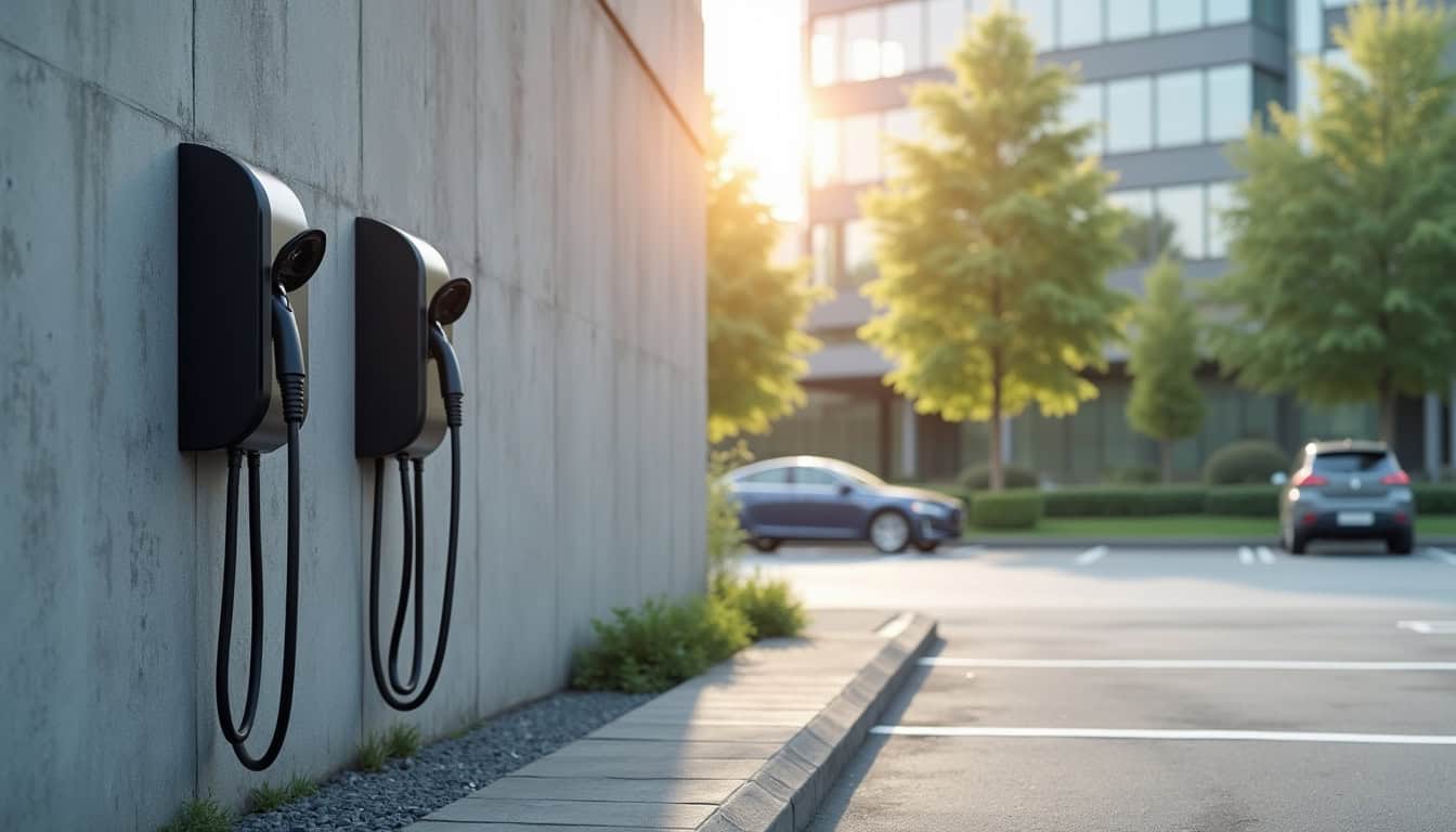Borne de recharge double installée sur un parking d'entreprise à Kanfen