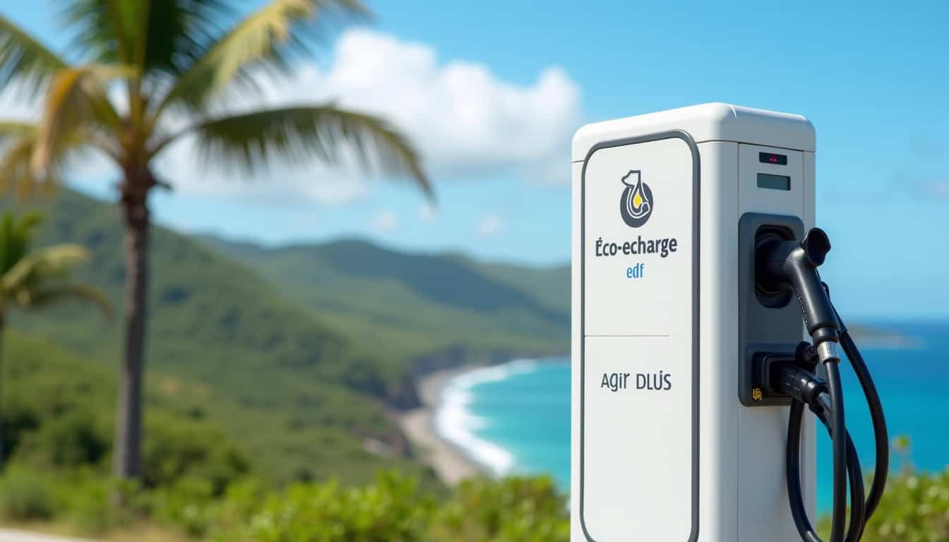 Borne de recharge Éco-recharge EDF installée à La Réunion, montrant le logo Agir Plus et l'équipement en fonctionnement