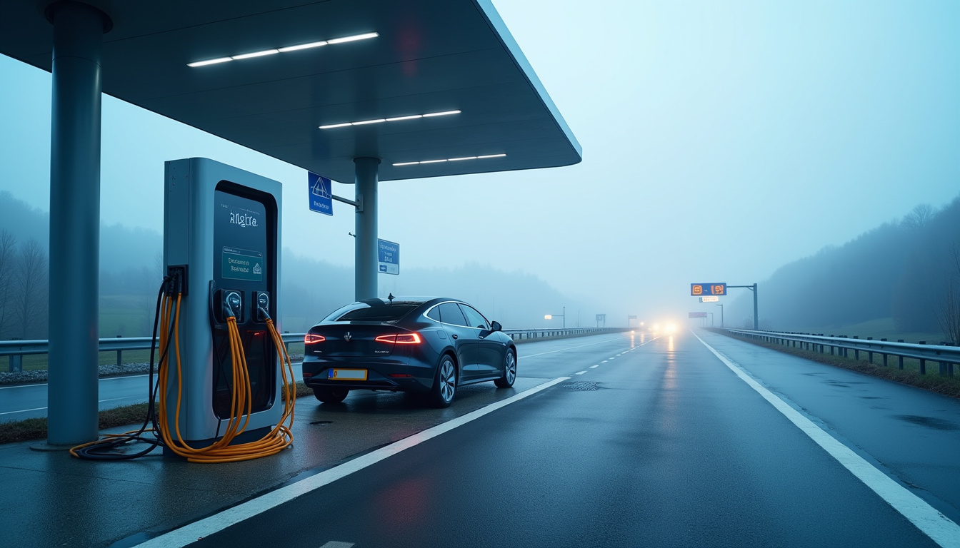 Borne de recharge Electra située sur l'aire de repos de Manzat, le long de l'autoroute A89
