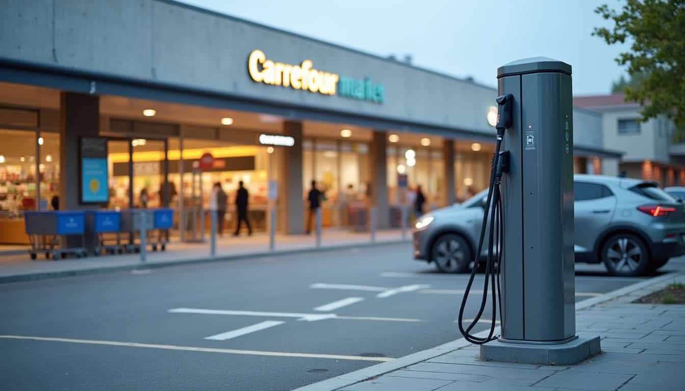 Borne de recharge électrique au Carrefour Market de Fruges, vue extérieure