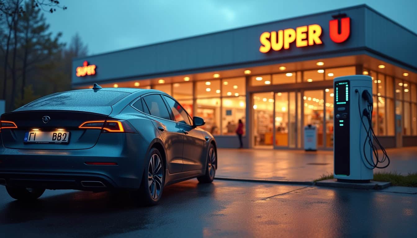 Borne de recharge électrique au Super U de Laiz, vue extérieure du point de recharge avec véhicule en cours de charge