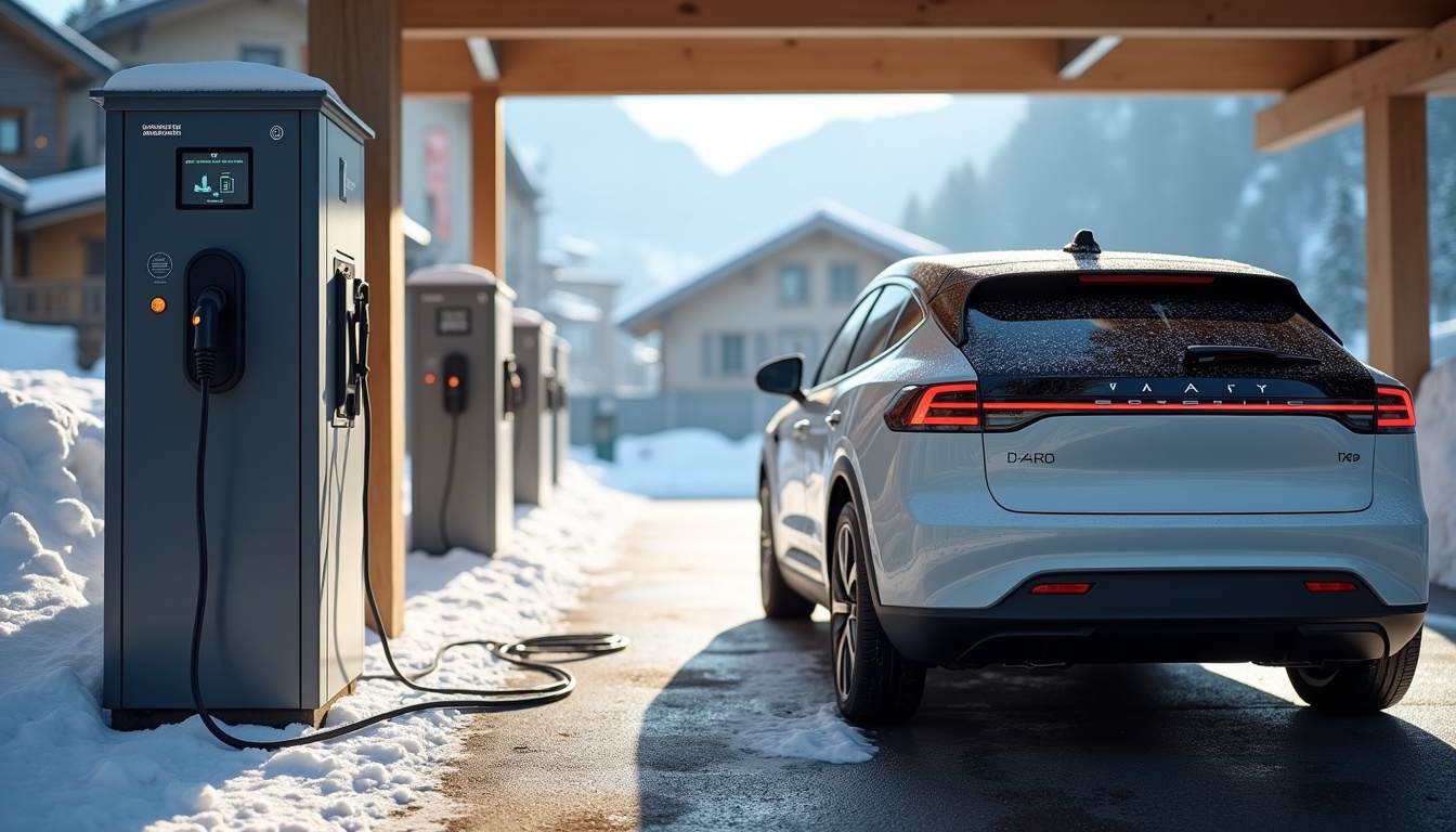 Borne de recharge électrique avec câble connecté à une voiture dans un parking de Villard-de-Lans
