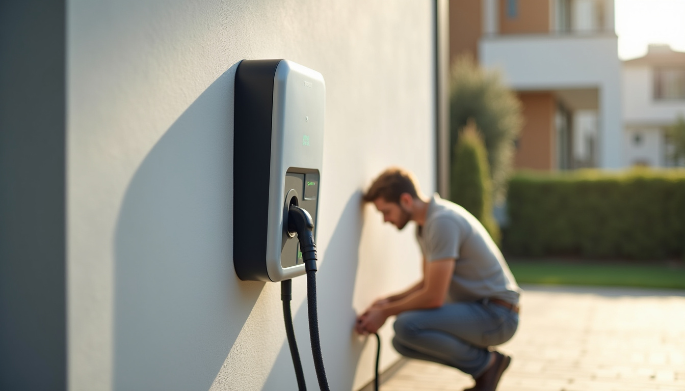 Borne de recharge électrique avec prise de type 2 en cours d'installation sur un mur extérieur