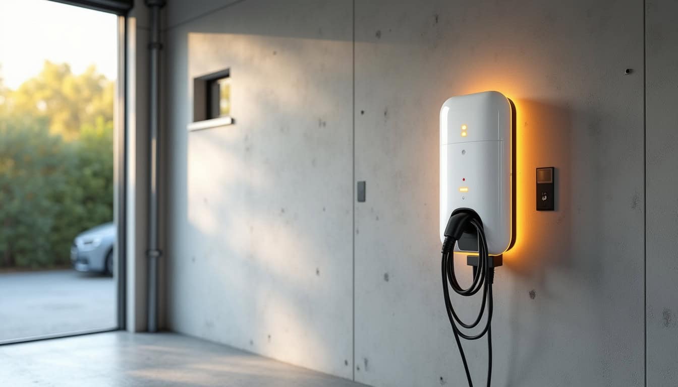 Borne de recharge électrique communicante installée dans un garage à Nointot