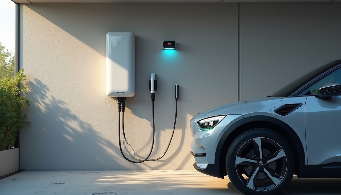 Borne de recharge électrique connectée en cours d'utilisation dans un garage à Saint-Martin-des-Tilleuls