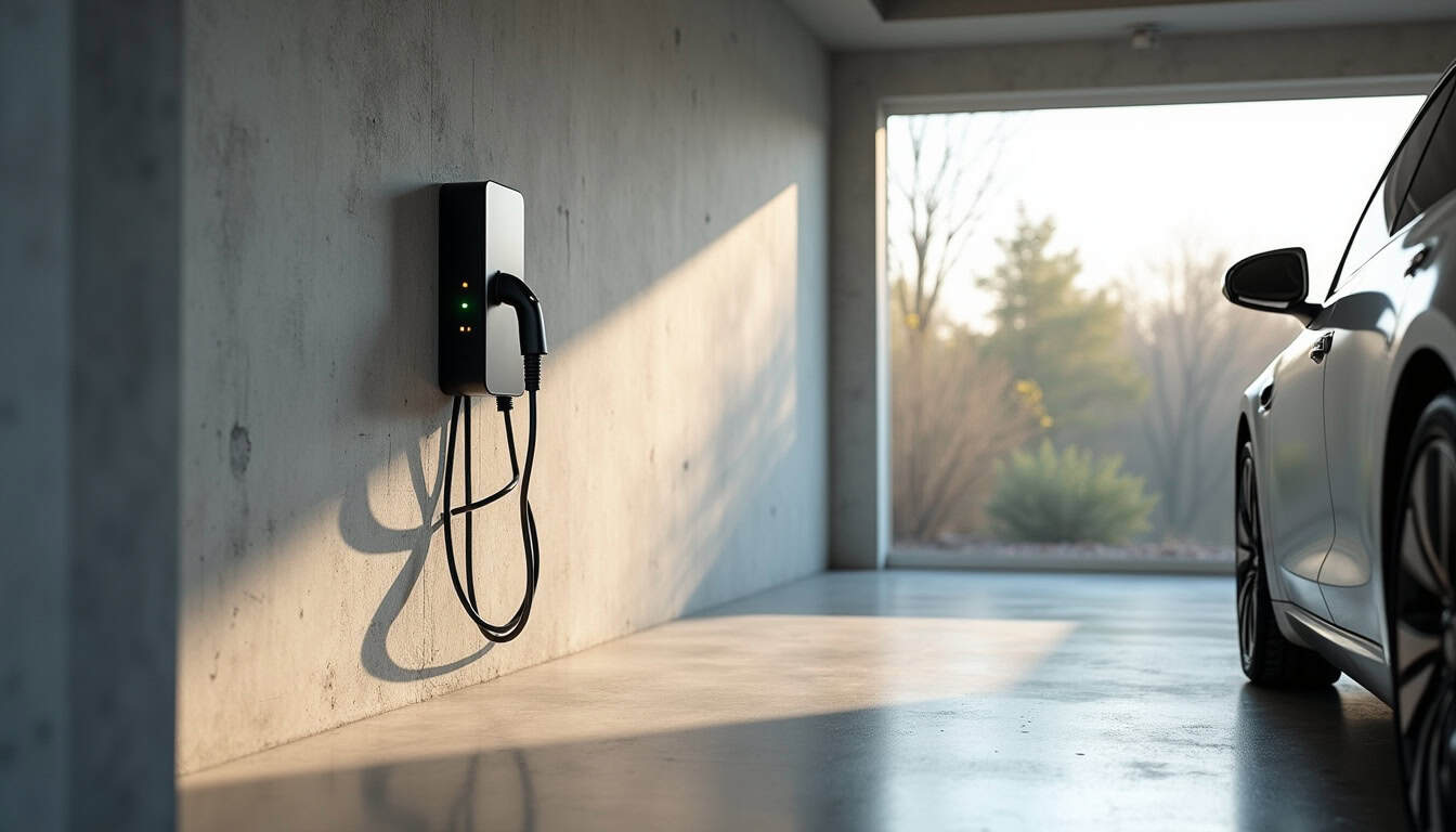 Borne de recharge électrique connectée en fonctionnement dans un garage à Vendémian