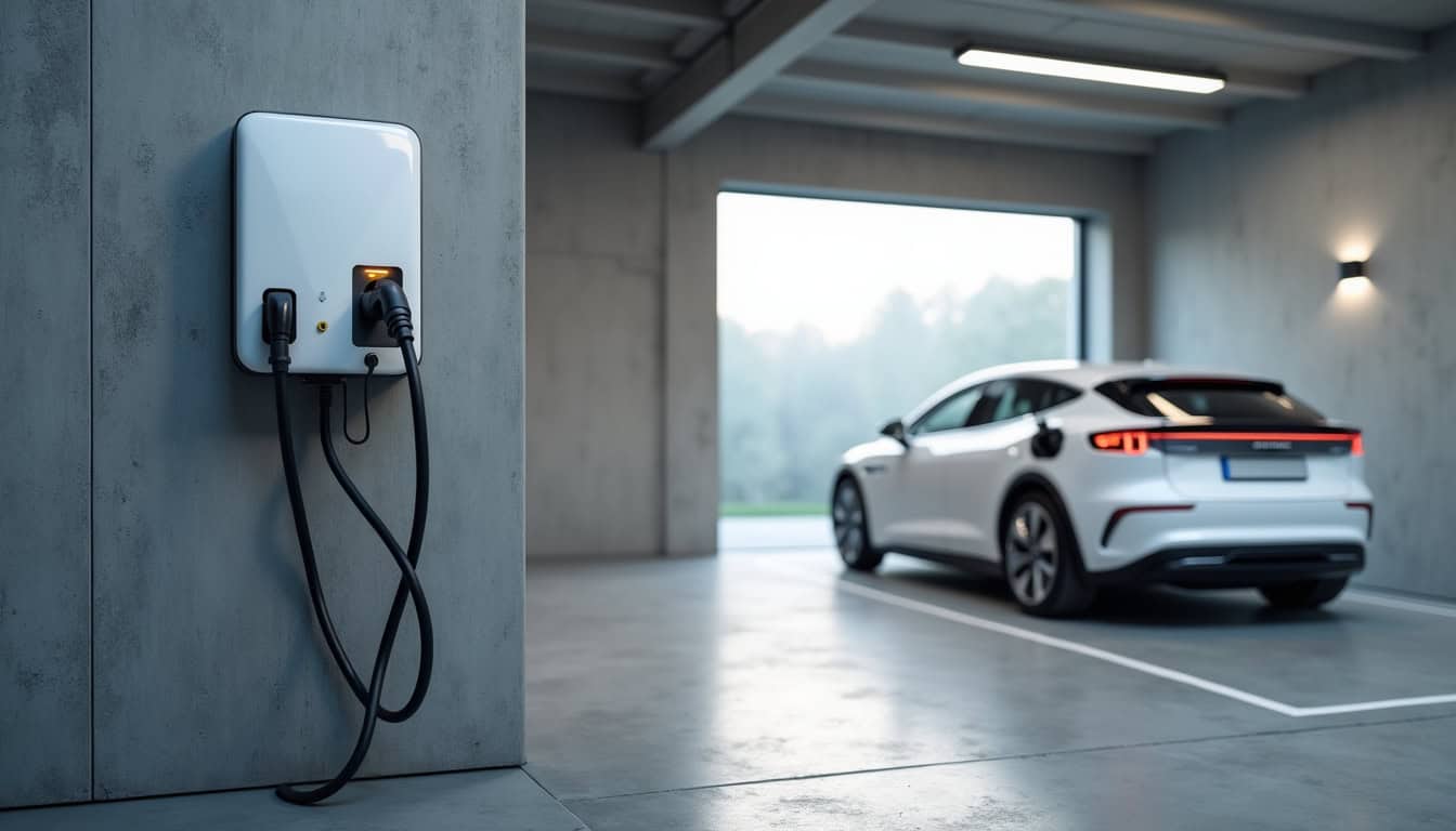 Borne de recharge électrique connectée installée à l'intérieur d'un garage à Lagardelle-sur-Lèze