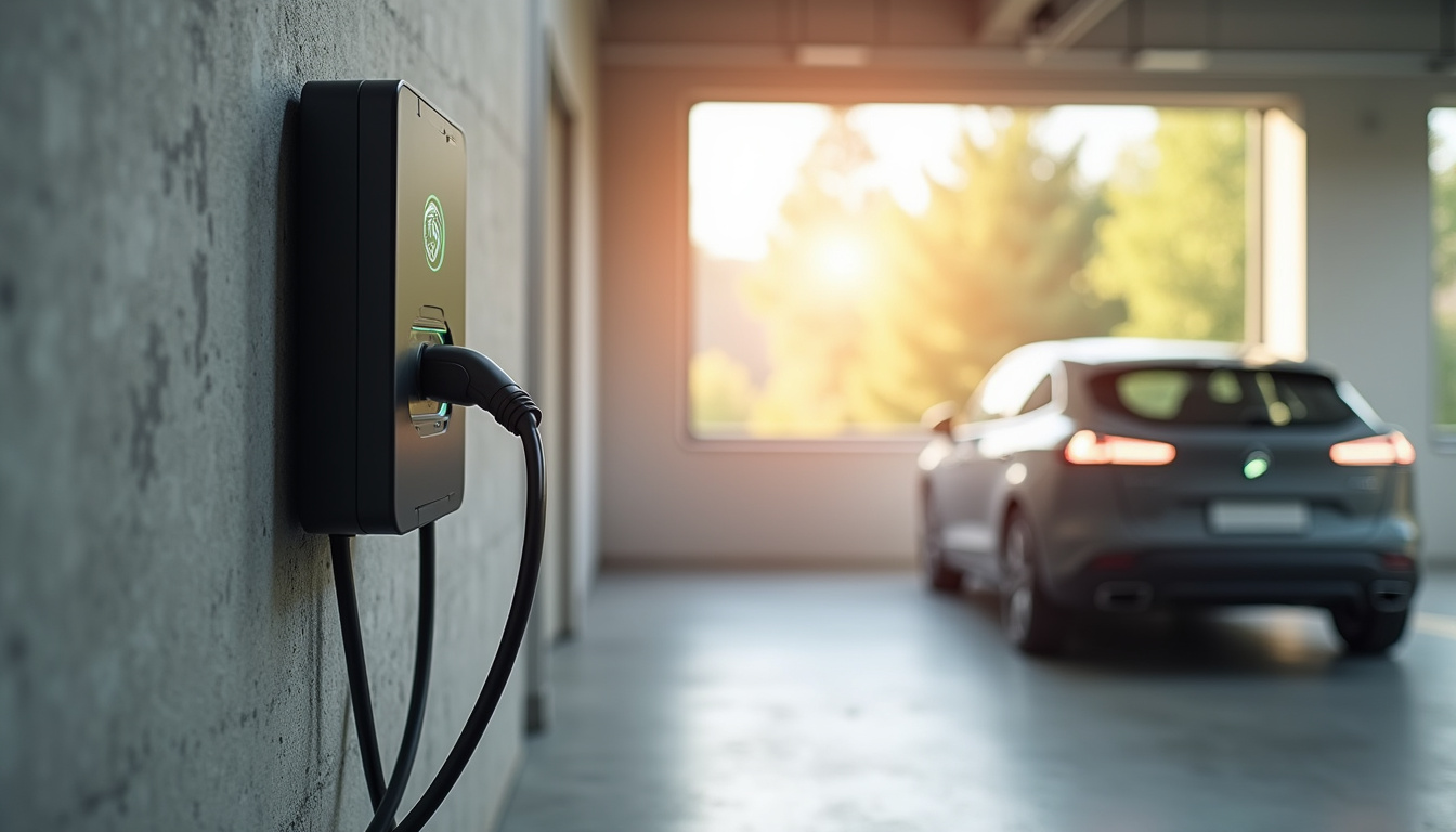 Borne de recharge électrique connectée installée dans un garage à Villebrumier