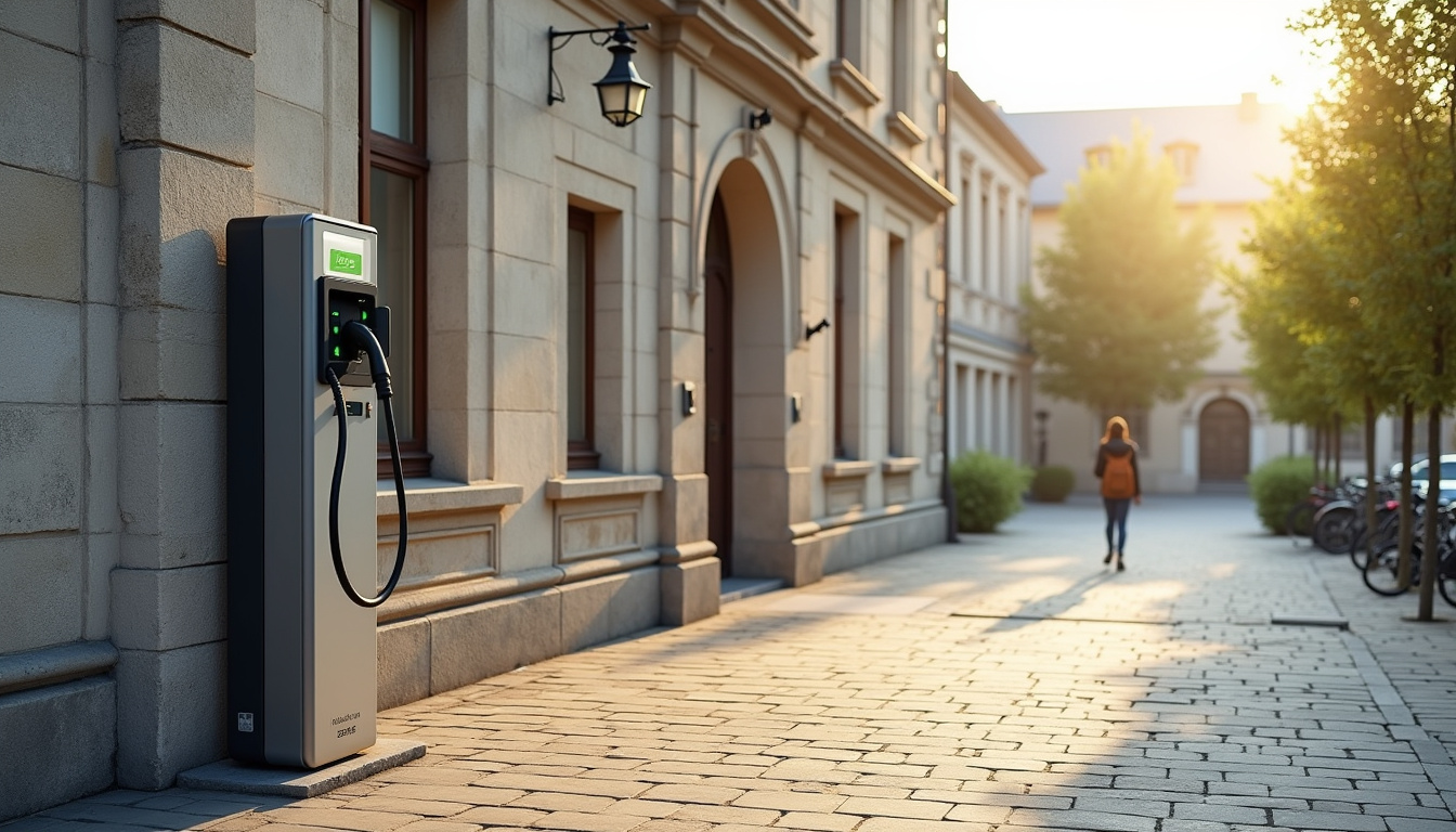 Borne de recharge électrique de 50 kW installée devant la mairie de Civray