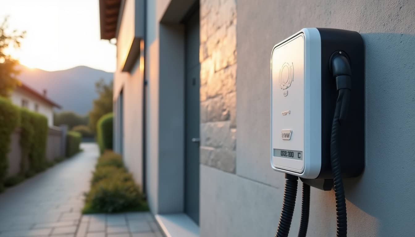 Borne de recharge électrique de type 2 installée à Péron avec indication de sa puissance en kW