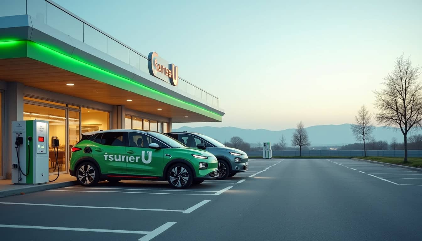 Borne de recharge électrique devant le Super U de Le Russey, vue de deux véhicules électriques stationnés