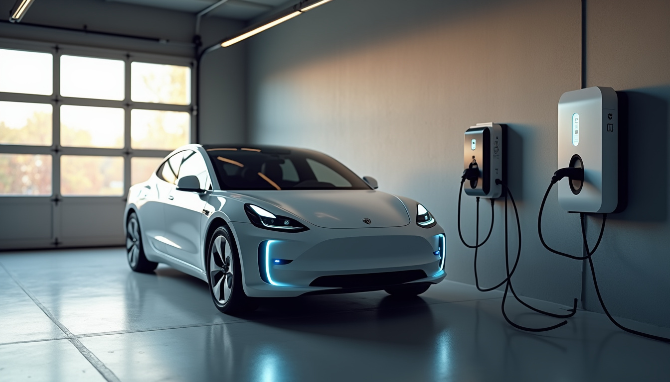Borne de recharge électrique en cours de chargement d'une voiture électrique dans un garage privé