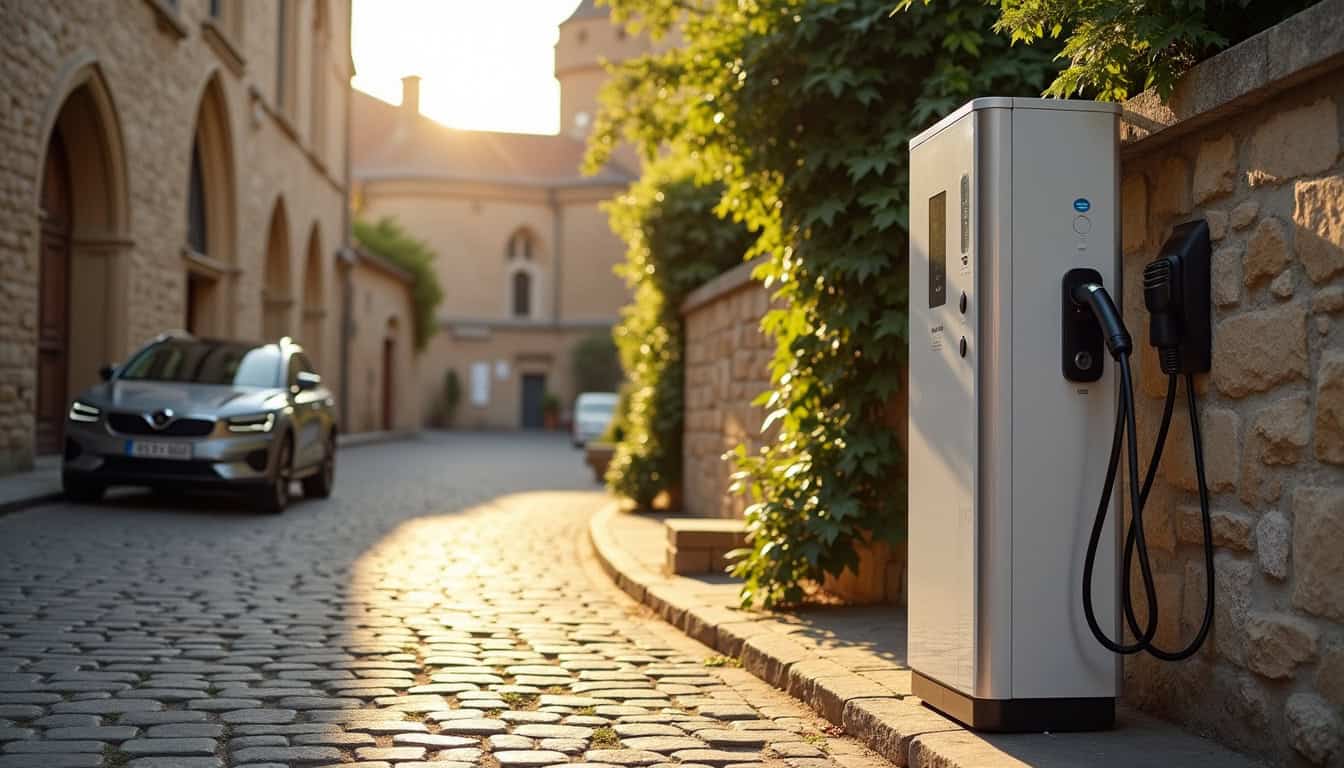 Borne de recharge électrique en espace public à Saint-Saëns, près de l’église